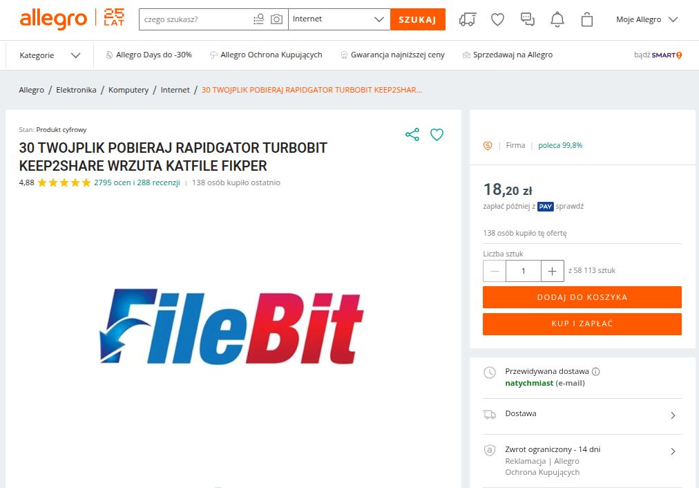 Płatność za voucher Filebit na Allegro